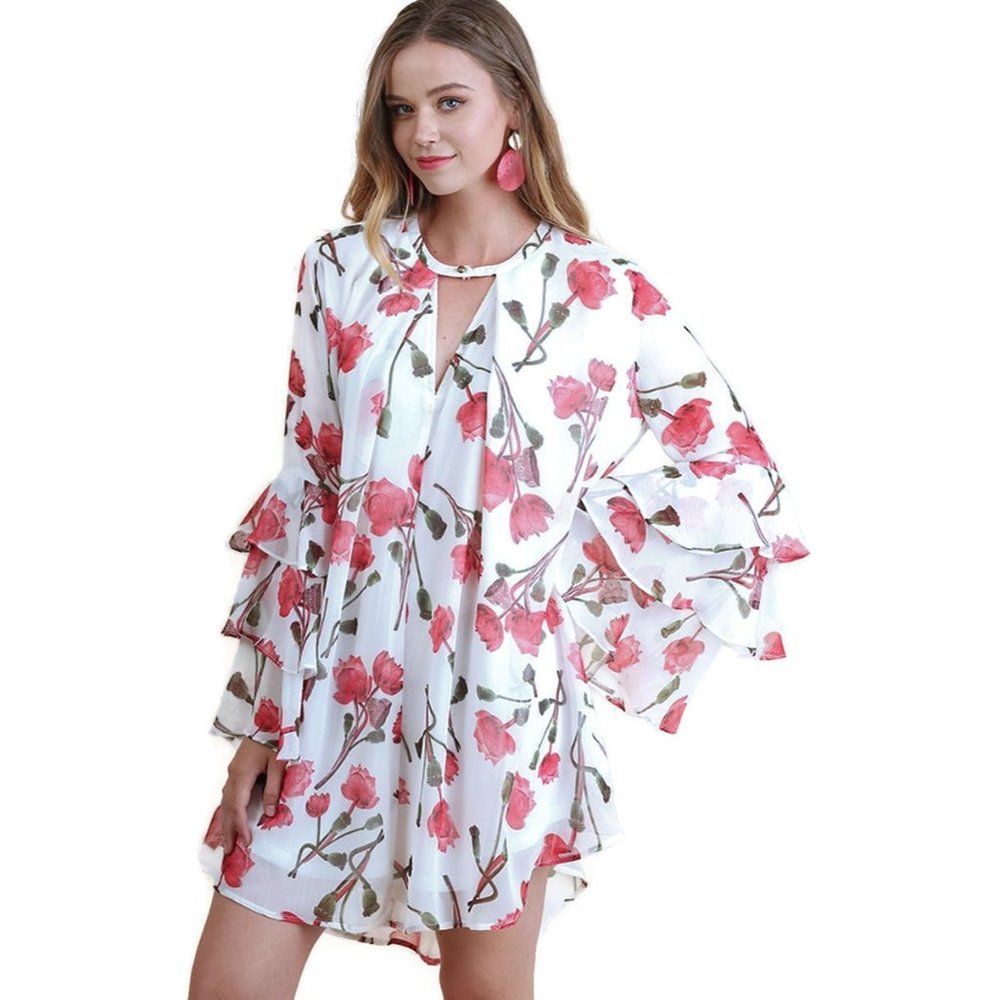 Umgee Ruffle Sleeve Floral Keyhole Dress, Cream  size Small